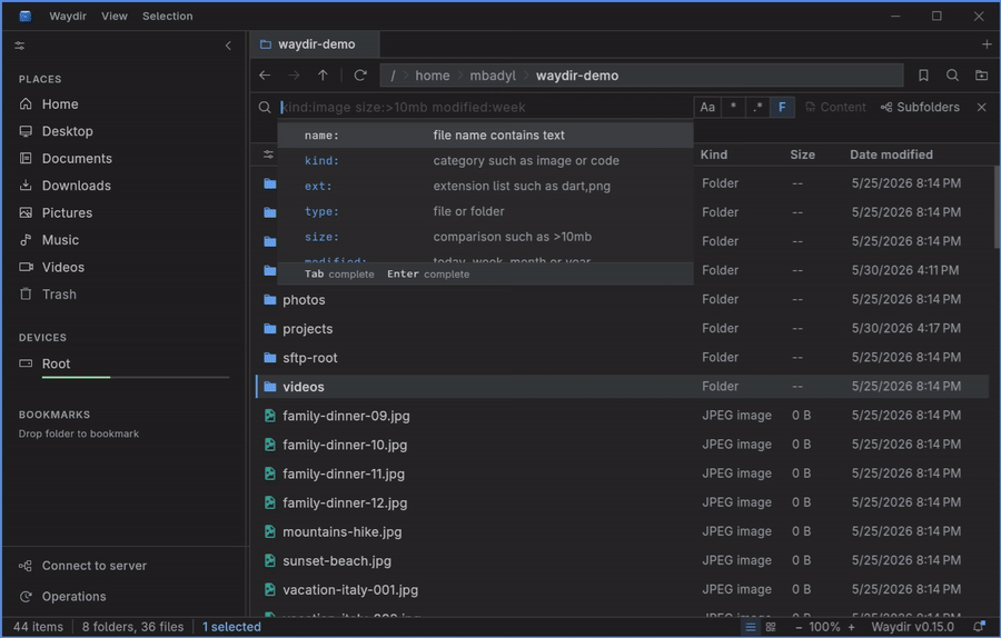 Waydir filtering files in the current pane
