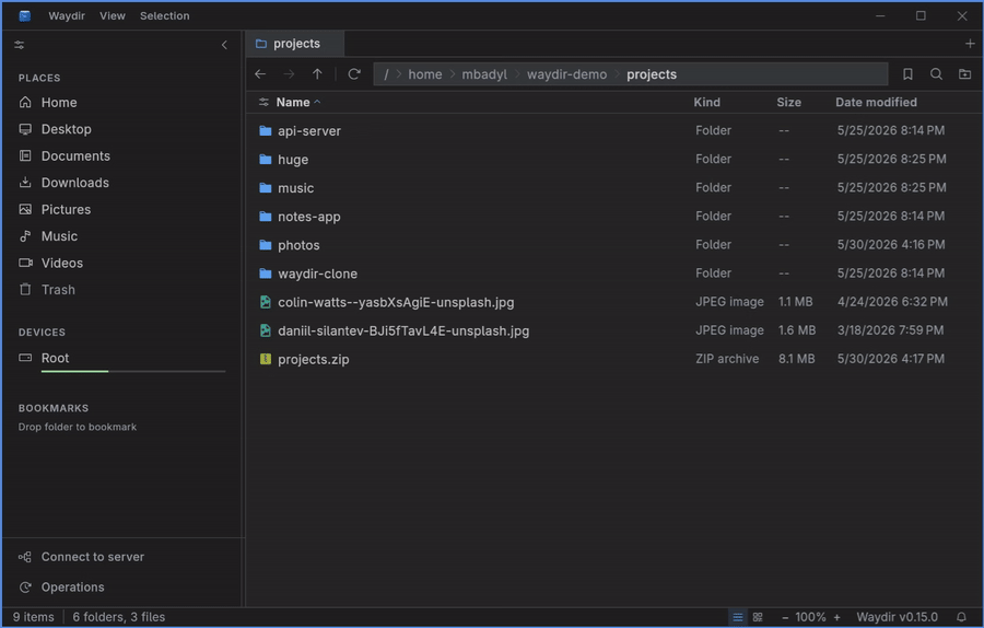 Waydir keyboard navigation across folders and files
