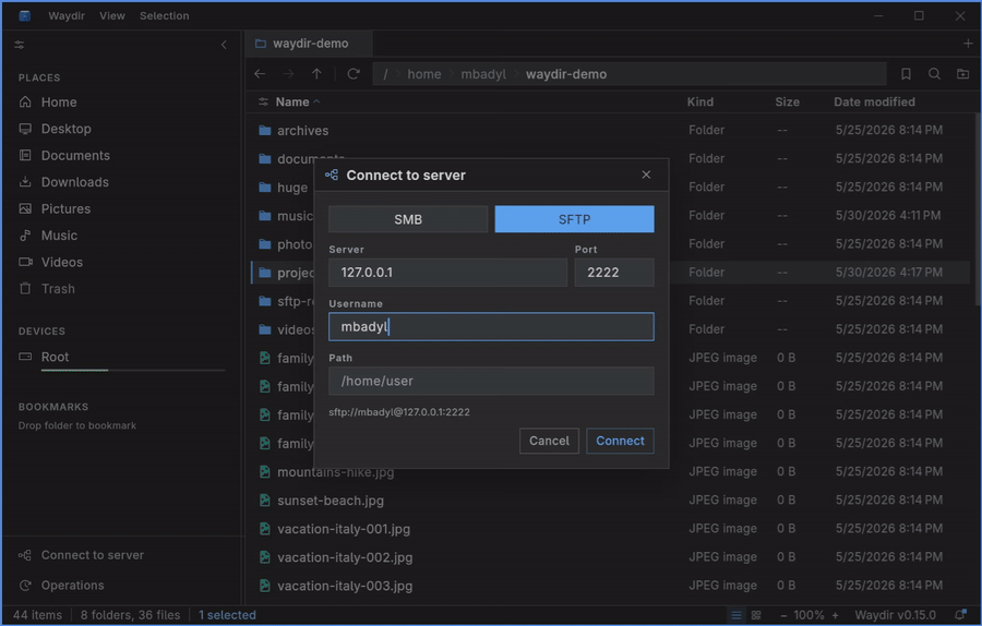 Waydir browsing a remote SFTP drive